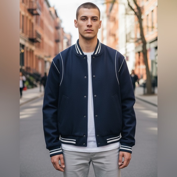 Zara Varsity Wool Bomber Jacket Dark Navy Size L - Picture 3 of 15